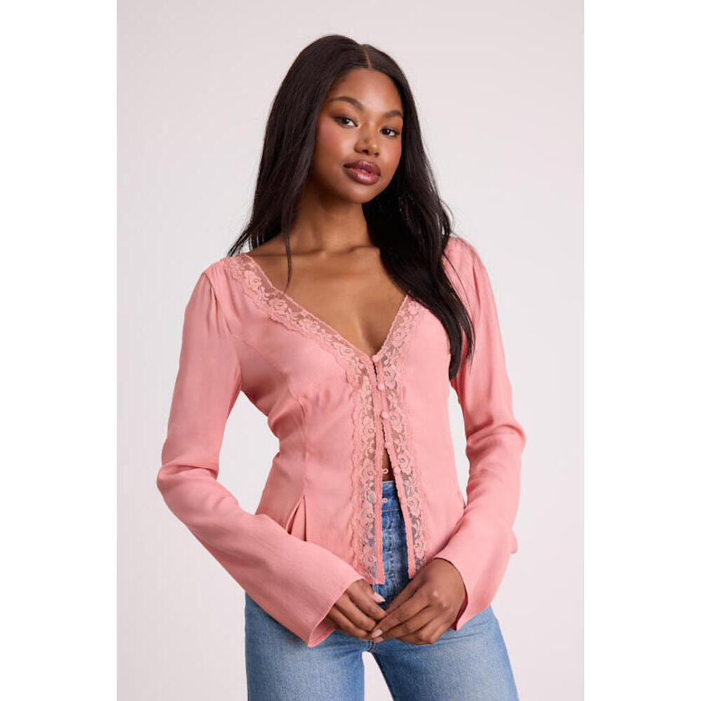 Lulus Pomona Pink Lace Button-front Long Sleeve Top - Size M